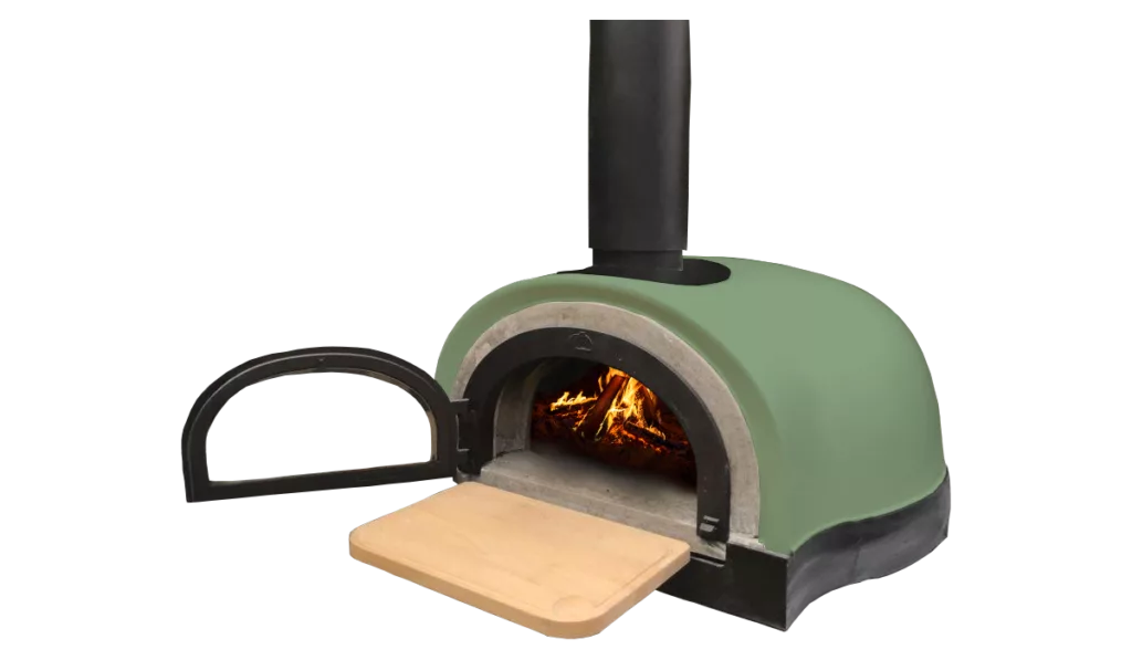 four à bois design alf avec habillage vert sauge