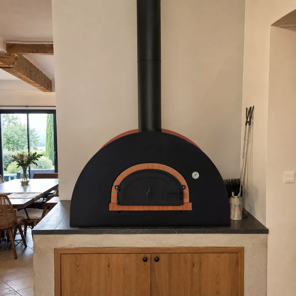 four à bois en briques intérieur habillage